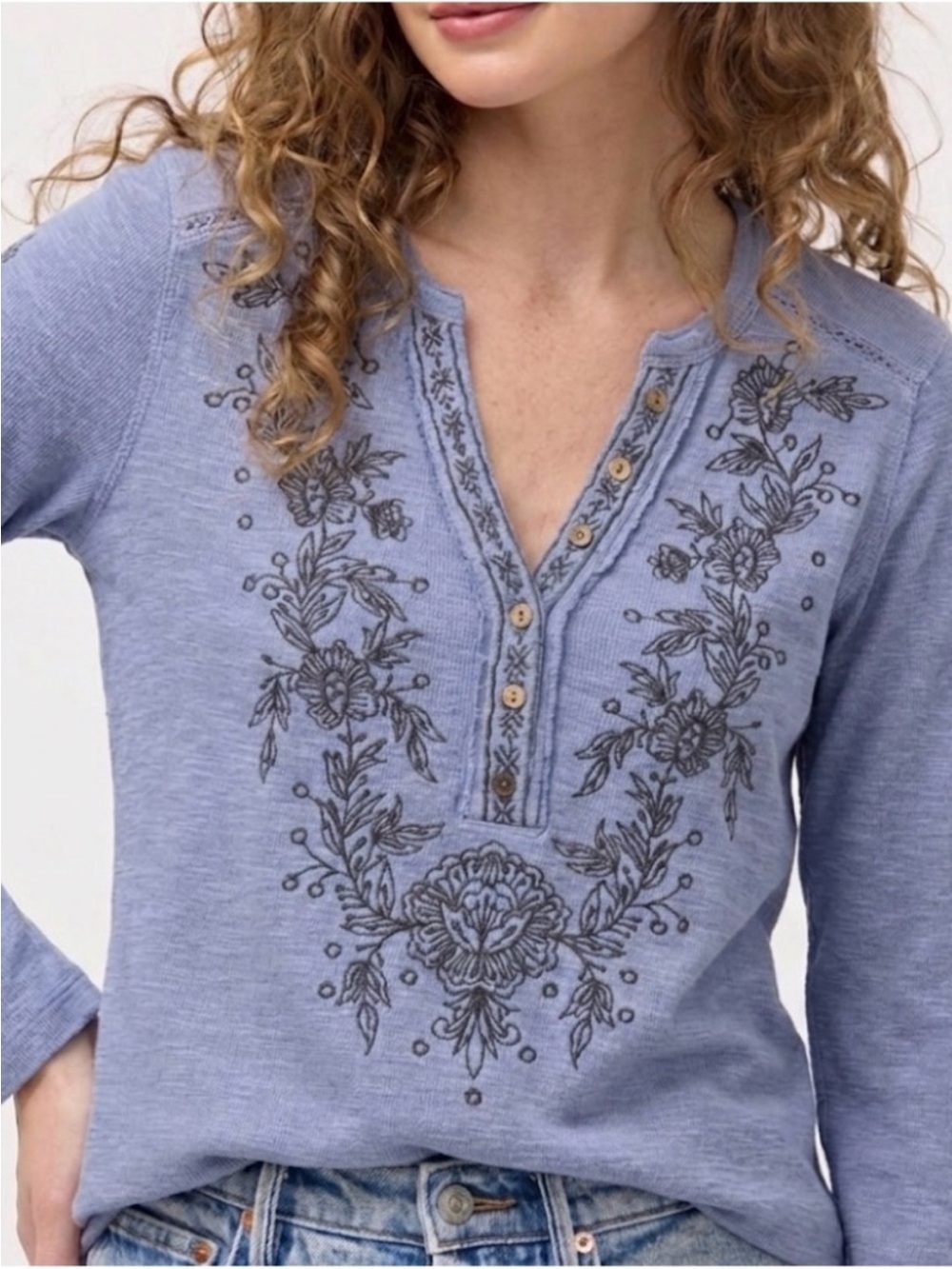 Sundance Blue Embroidered Henley Top Medium Slub Knit Long Sleeve Boho
